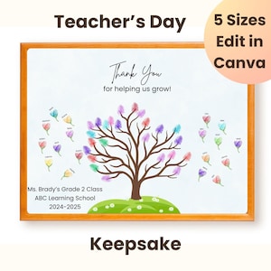 Regalo imprimible de agradecimiento para maestros, plantilla editable de Canva de árbol de huellas dactilares, recuerdo de fin de curso, regalo de agradecimiento de estudiantes