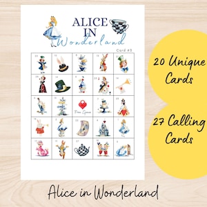 20 cartes à imprimer bingo au pays des merveilles, 20 jeux de société sur le thème du chapelier fou, jeu d'activités pour enfants fête d'Alice au pays des merveilles, activité pour enfants goûter