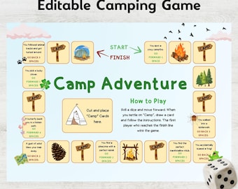 Jogo de tabuleiro de acampamento editável: diversão em família, PDF para imprimir