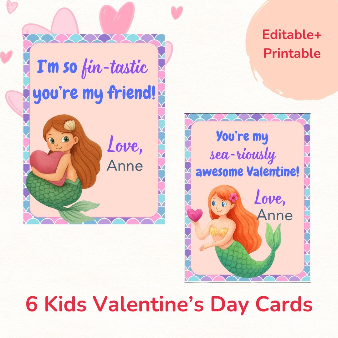Mermaid Valentines Day Cards for Kids | Editable in Canva | Printable ...