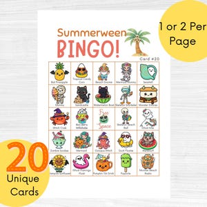 May include: A Summerween Bingo game card featuring a grid of twenty-five colourful cartoon illustrations including a bat pineapple, mummy, witch crab, zombie sundae, vampire sunflower, tropical candy corn, sandcastle, boo berry milkshake, mermaid, ghost flamingo float, beach gnome, watermelon boat, free space, octopus witch, pumpkin tiki drink, mermaid mummy, skeleton snorkeler, skeleton beach ball, duck floatie, popsicle, seashell, monster s'mores, ghost kite, werewolf, and monster beach radio.