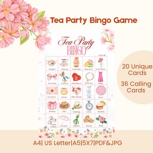 Juego de bingo para fiesta de té (PDF imprimible) / 20 tarjetas de bingo imprimibles únicas para niños y adultos / Juego de fiesta de cumpleaños / Juego de despedida de soltera