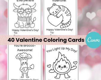 Coloring Valentine’s Day Cards for Kids | Editable Canva Printable | 40 Classroom Valentines