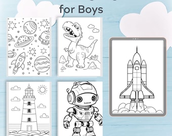 Livro de colorir para meninos, 120 páginas, dragões, piratas, espaço (download digital)