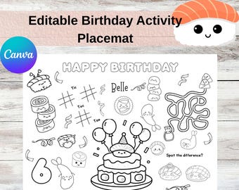 Sushi Birthday Activity Placemat | Kawaii Party Games, Canva Editable (Digital Download)