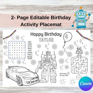 Editable Robot Birthday Activity Placemat | Robot Coloring & Games | Canva Template