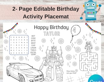 Editable Robot Birthday Activity Placemat | Robot Coloring & Games | Canva Template