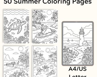 50 páginas para colorear con motivos veraniegos, escenas de vacaciones en la playa y animales (tamaño A4/Carta estadounidense)