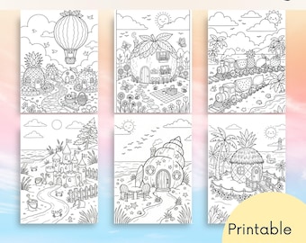 30 páginas para colorear veraniegas llenas de fantasía: casas acogedoras, escenas de playa tropical (descarga en PDF)