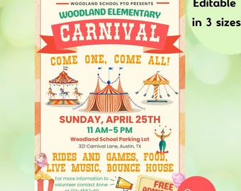 Plantilla de volante de carnaval editable en Canva / Evento de recaudación de fondos para feria escolar / Descarga instantánea