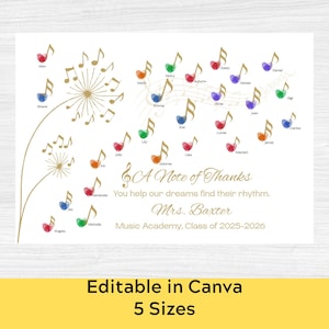 May include: A white card with gold musical notes and colorful heart-shaped accents. Text reads "A Note of Thanks" and "Music Academy, Class of 2025-2026." The bottom of the card says "Editable in Canva" and "5 Sizes."