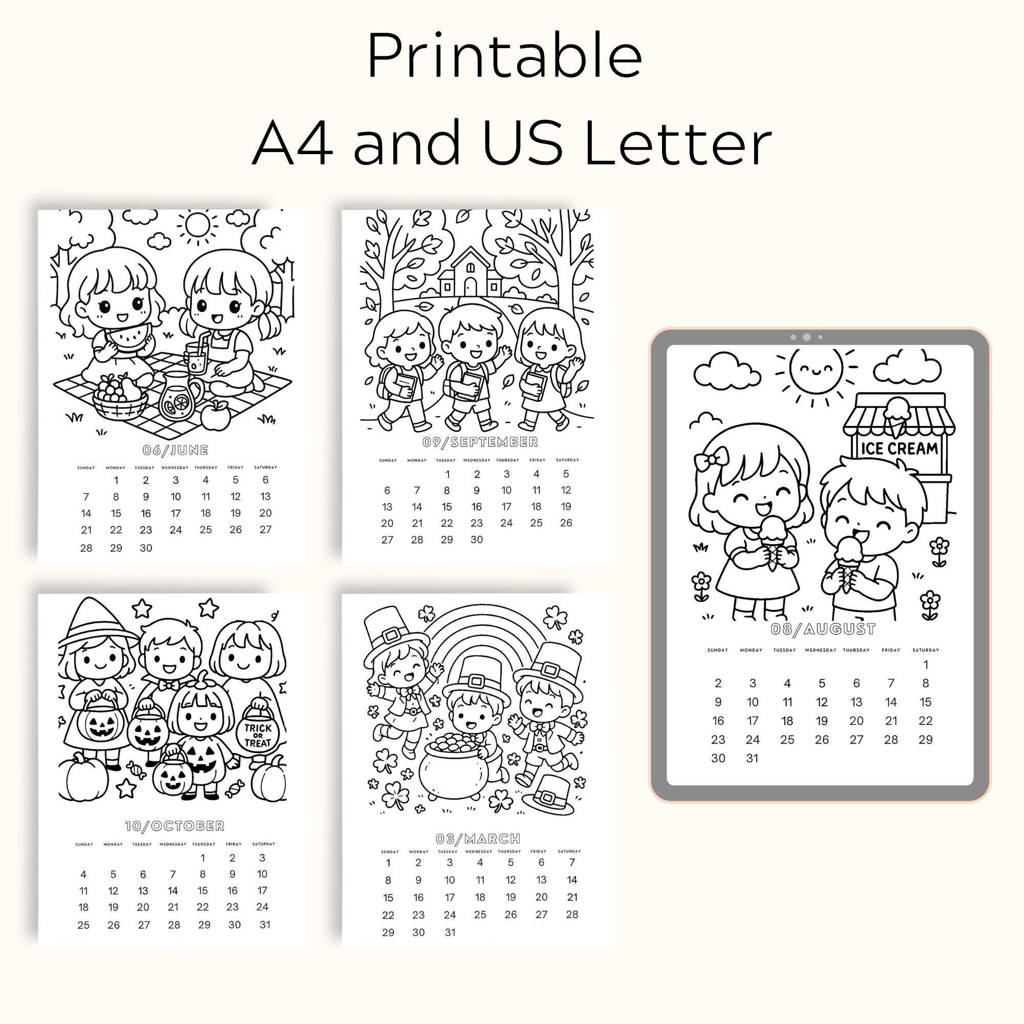 2026 Kids Coloring Calendar Printable, Kids Activity Planner, Fun ...