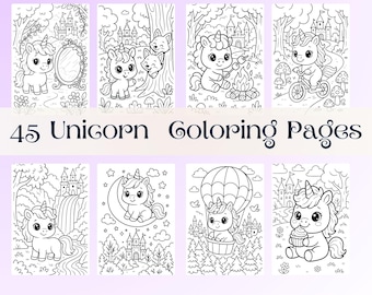 Desenhos de unicórnios para colorir em PDF para imprimir, cenas de castelo na floresta encantada (download digital)