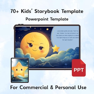Puede incluir: Una ilustración digital de una plantilla de libro de cuentos para niños en una tableta. La imagen presenta una luna amarilla sonriente y una estrella en un entorno de cielo nocturno. El texto incluye "70+ Kids' Storybook Template" y "For Commercial & Personal Use."