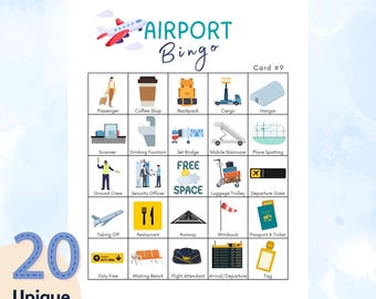 Juego de bingo imprimible para el aeropuerto: actividad de viaje para niños, búsqueda del tesoro.