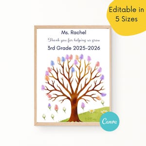 Puede incluir: Una impresión enmarcada con un árbol de acuarela con acentos coloridos en forma de hojas. El texto dice "Ms. Rachel, Thank you for helping us grow, 3rd Grade 2025-2026." La impresión está sobre un fondo blanco con un área de hierba verde y margaritas.