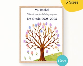 Arte de árvore com impressões digitais para homenagear o professor, lembrança editável da turma (modelo em tela)