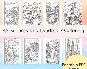 45 desenhos para colorir de paisagens de pontos turísticos mundiais para crianças (PDF para imprimir)
