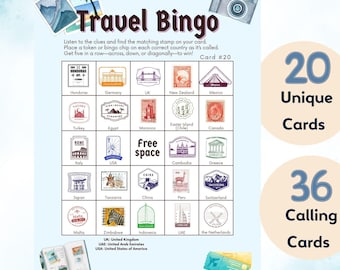 Juego de Bingo de Viajes Imprimible: 20 Tarjetas Únicas, Actividades de Vacaciones para Niños y Adultos (PDF)
