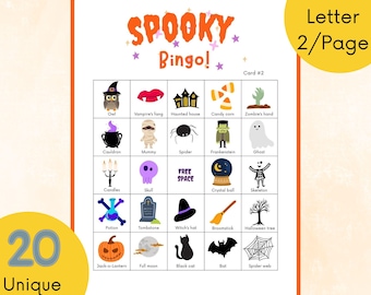 Juego de bingo de Halloween espeluznante: 20 cartones únicos (descarga digital)