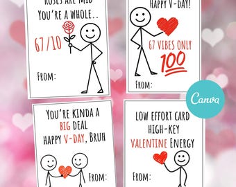 Tarjetas de San Valentín de la Generación Z / Jerga divertida de monigotes (Plantilla editable de Canva)