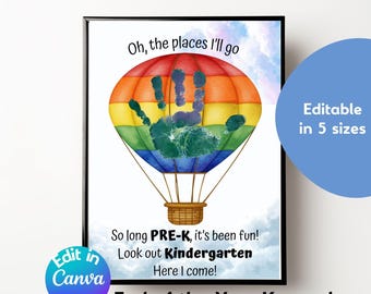Manualidad de huellas de manos para graduación de preescolar: Recuerdo "Oh, los lugares a los que iré" (Plantilla editable de Canva)
