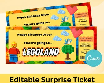 Entrada sorpresa editable para Legoland, revelación imprimible del parque temático (descarga digital)
