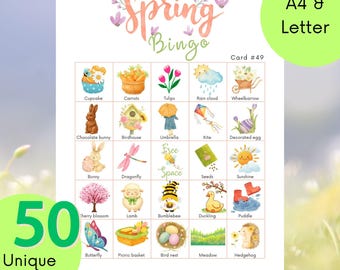 Tarjetas de bingo de primavera, actividad para fiestas de Pascua para niños (50 tarjetas)