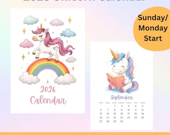Calendário Infantil Unicórnio 2026: Arte de Parede para Imprimir (A4, Carta EUA) (Download Digital)