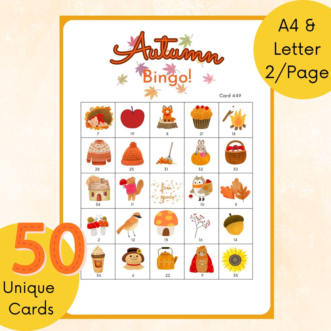 Printable Autumn Bingo Game: 50 Unique Cards (digital Download) - Etsy