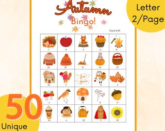 Printable Autumn Bingo Game: 50 Unique Cards (Digital Download)