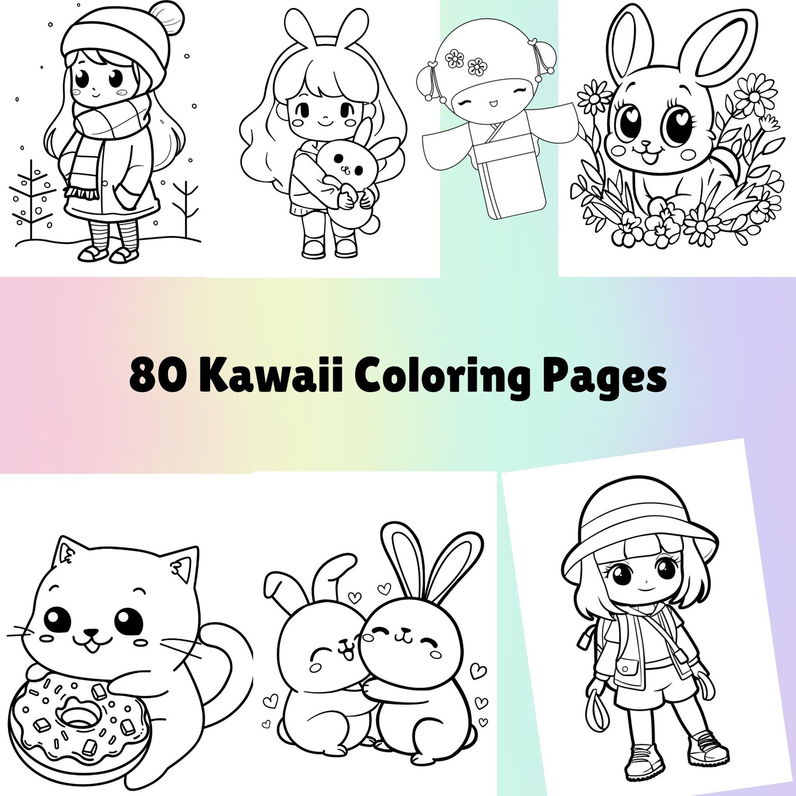 80 Easy Kawaii Coloring Pages, Printable Coloring Book for Girls