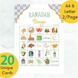 May include: A Ramadan Bingo game card with watercolor illustrations of Islamic symbols and traditions. The card includes images of a mosque, dates, and a crescent moon. The text "Ramadan Bingo" is displayed at the top. The card is designed to be printed on A4 or Letter size paper.