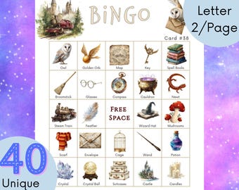 Juego de Bingo de la Escuela de Magos / 40 Cartones Imprimibles Únicos (Descarga Instantánea)