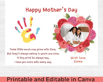 Marco de fotos con forma de corazón para el Día de la Madre, manualidad con huellas de manos (plantilla editable de Canva)