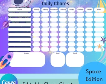 Quadro de Tarefas Espaciais: Lista de Responsabilidades Infantis Editável (Modelo em Canva, Download para Impressão)