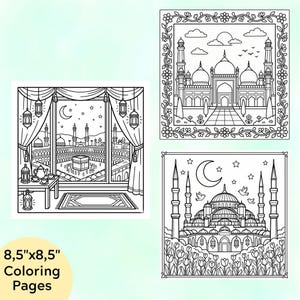 Puede incluir: Páginas para colorear en blanco y negro con ilustraciones detalladas de mezquitas y arquitectura islámica. Las páginas miden 21,6 cm x 21,6 cm, con diseños intrincados de cúpulas, minaretes y bordes florales. Incluye una vista de La Meca.