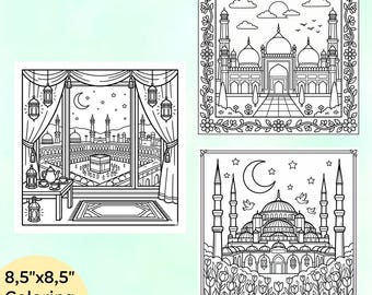 Dibujos para colorear de la acogedora mezquita y la Kaaba / Arquitectura islámica para imprimir (PDF JPG)