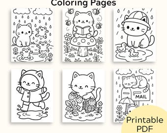 Cozy Cat Coloring Pages | Garden, Rainy Day Scenes (Printable PDF JPG)