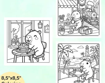 Dibujos para colorear de capibaras acogedoras, animales kawaii, postres de cafetería (descarga digital)
