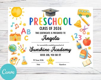 Plantilla editable para diploma de preescolar, certificado de reconocimiento infantil (descarga digital)