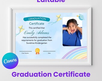 Rainbow Graduation-certificaatsjabloon: bewerkbaar canva-ontwerp (digitale download)