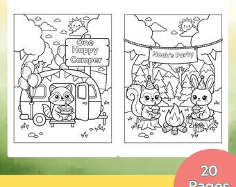 Páginas para colorir personalizadas de aniversário para acampantes, animais kawaii, atividade para festa de acampamento (modelo editável do Canva)