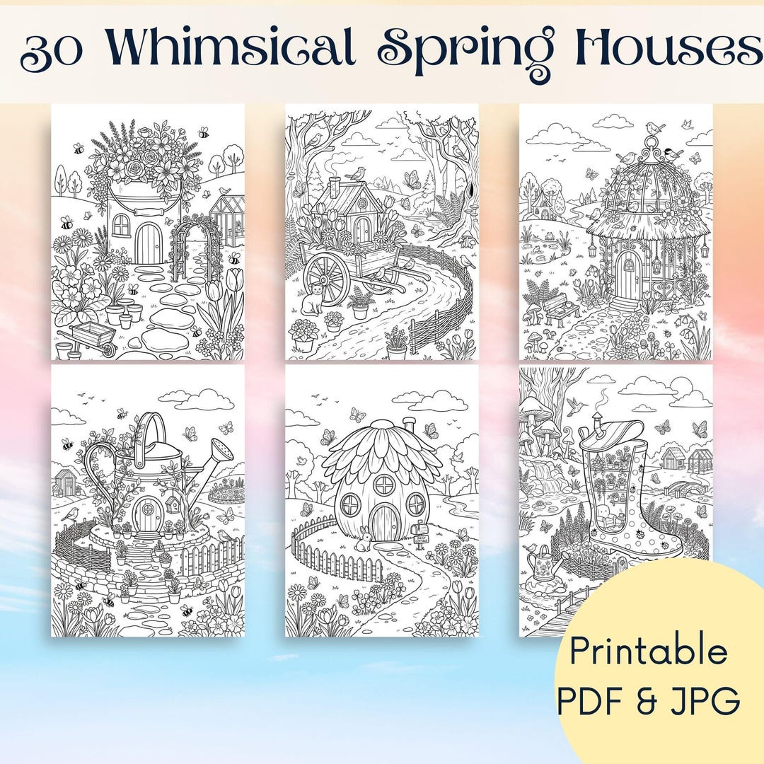 Whimsy Spring Coloring Pages Whimsical Spring Houses Coloring Pages, Cozy Cottage Designs (PDF, JPG ...
