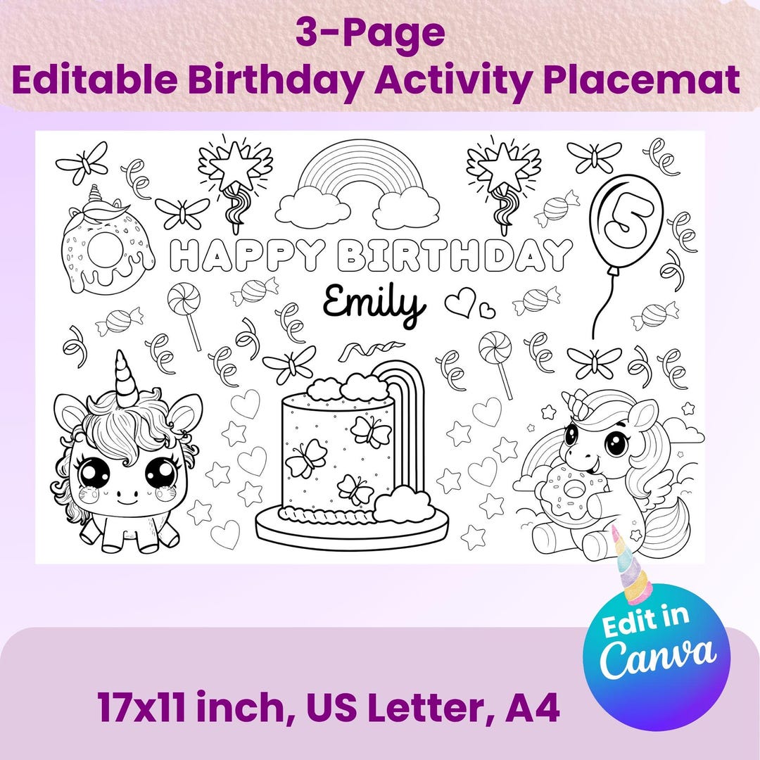 Editable Unicorn Birthday Placemat: Kids Coloring Activity (digital ...