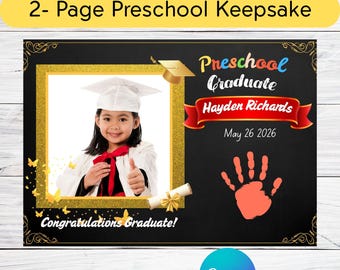 Lembrança editável da formatura da pré-escola, questionário e página para impressão da mão (Download digital)