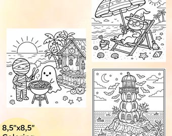 Summerween Coloring Pages – Ghosts, Mermaid Witches, Mummies, Cats (Digital Download)