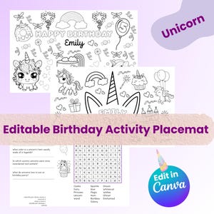 Editable Unicorn Birthday Placemat, Personalized Unicorn Coloring Activity Sheets, Fun Kids Party Game, Enchanting Unicorn Princess Party