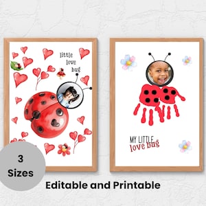 Op de afbeelding: Twee ingelijste prints met een lieveheersbeestjesthema. Eén toont een aquarel lieveheersbeestje met harten en de tekst "little love bug". De andere print toont een handafdruk lieveheersbeestje met de tekst "MY LITTLE love bug". De woorden "3 Sizes" en "Editable and Printable" zijn ook zichtbaar.