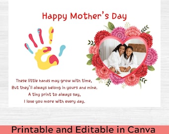 Porta-retratos em formato de coração para o Dia das Mães, lembrança feita com impressão da mão (modelo editável no Canva)